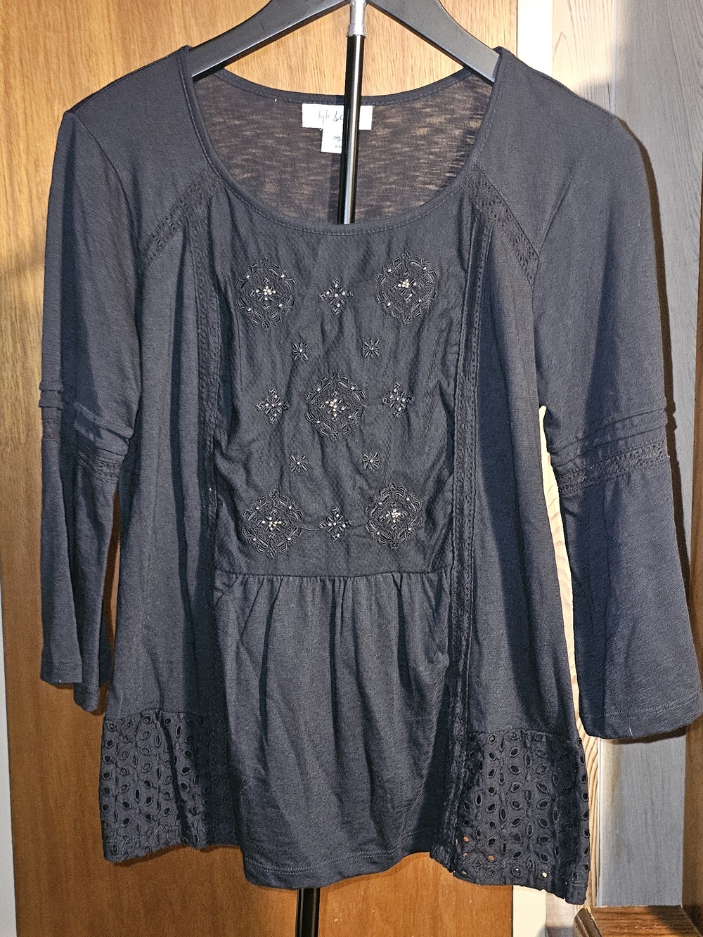 Style & Co. Black Embroidered Peasant Petite Top